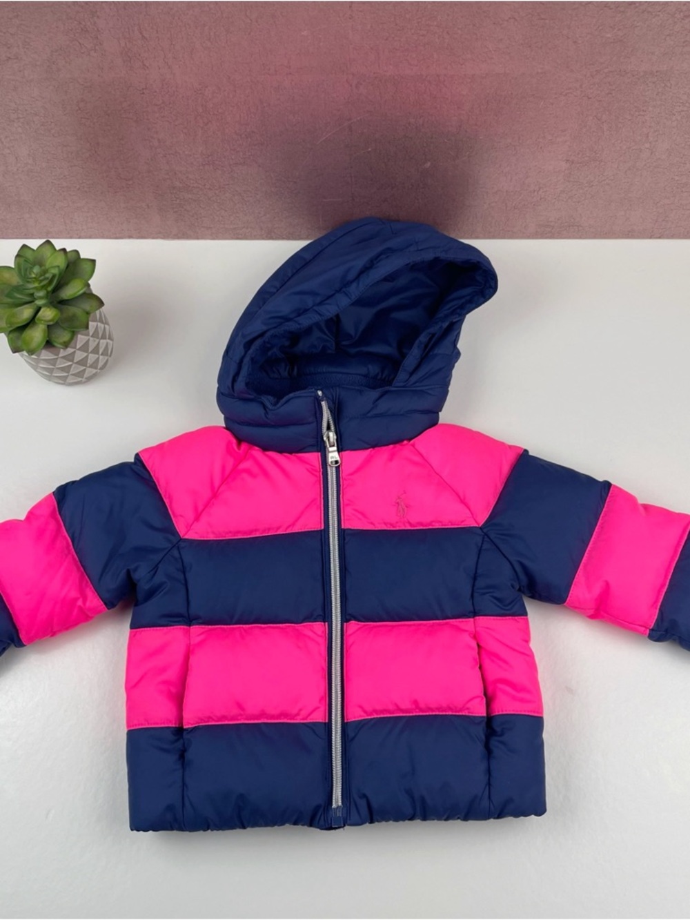 Ralph Lauren Blue Pink Stripe Full Zip Hooded Jacket Baby 9 Months Down Feathers